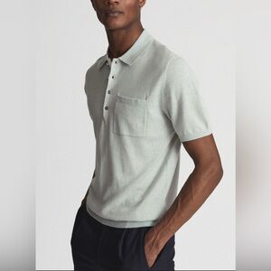 REISS Polo Shirt RALPHY Mens XL Linen Blend Short Sleeve Gray Ribbed Hem Untuck